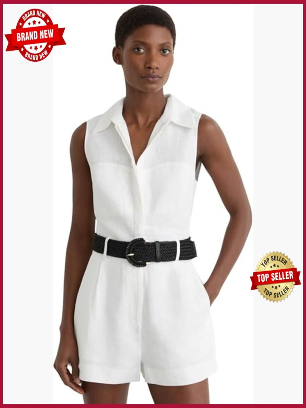 Linen Belted Jumpsuit with Pointed Collar and Side Pockets